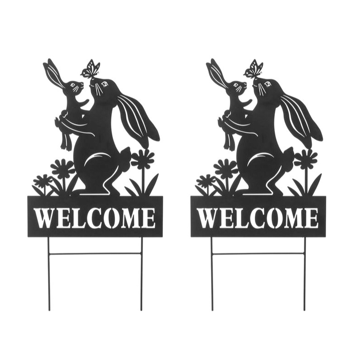Set of 2 30"H Multi-functional 2-in-1 Metal Rabbit Silhouette with Welcome Sign Garden Yardstake, Wall Decor (KD)